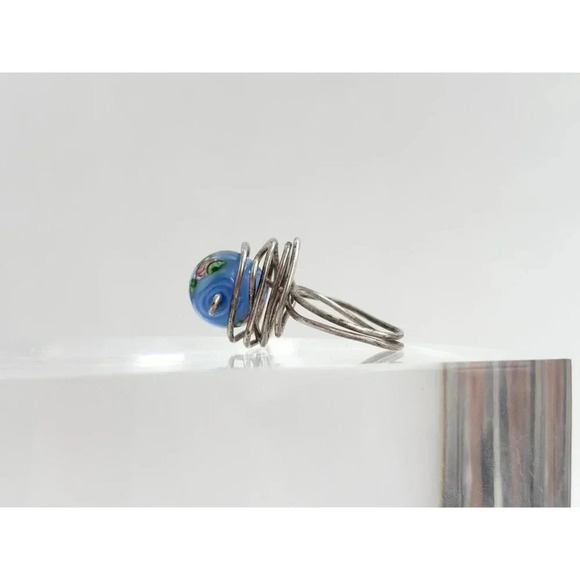 Silver Toned Micro Floral Ename Folded Beaded Vintage Classic Ring - sz 7.5 - Picture 3 of 9